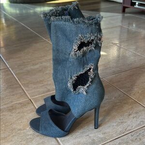 Sexy Distressed Denim Open-Toe Heels with Black Fishnet
